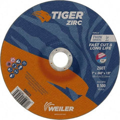 Weiler - 60 Grit, 7" Wheel Diam, 7/8" Arbor Hole, Type 27 Depressed Center Wheel - Medium Grade, Zirconia Alumina, Resinoid Bond, T Hardness, 8,500 Max RPM - Americas Industrial Supply