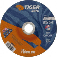Weiler - 60 Grit, 6" Wheel Diam, 7/8" Arbor Hole, Type 27 Depressed Center Wheel - Medium Grade, Zirconia Alumina, Resinoid Bond, T Hardness, 10,200 Max RPM - Americas Industrial Supply
