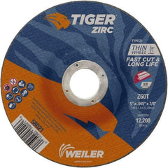 Weiler - 60 Grit, 5" Wheel Diam, 7/8" Arbor Hole, Type 27 Depressed Center Wheel - Medium Grade, Zirconia Alumina, Resinoid Bond, T Hardness, 12,200 Max RPM - Americas Industrial Supply