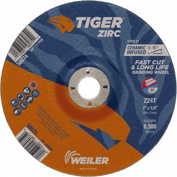 Weiler - 24 Grit, 7" Wheel Diam, 1/4" Wheel Thickness, 7/8" Arbor Hole, Type 27 Depressed Center Wheel - Coarse Grade, Zirconia Alumina, Resinoid Bond, T Hardness, 8,500 Max RPM - Americas Industrial Supply