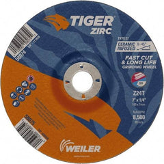 Weiler - 24 Grit, 7" Wheel Diam, 1/4" Wheel Thickness, 7/8" Arbor Hole, Type 27 Depressed Center Wheel - Coarse Grade, Zirconia Alumina, Resinoid Bond, T Hardness, 8,500 Max RPM - Americas Industrial Supply