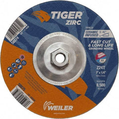 Weiler - 24 Grit, 7" Wheel Diam, 1/4" Wheel Thickness, Type 27 Depressed Center Wheel - Coarse Grade, Zirconia Alumina, Resinoid Bond, T Hardness, 8,500 Max RPM - Americas Industrial Supply