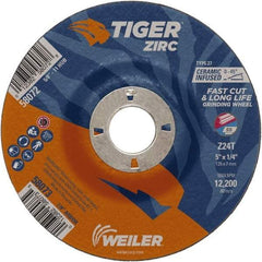 Weiler - 24 Grit, 5" Wheel Diam, 1/4" Wheel Thickness, 7/8" Arbor Hole, Type 27 Depressed Center Wheel - Coarse Grade, Zirconia Alumina, Resinoid Bond, T Hardness, 12,200 Max RPM - Americas Industrial Supply