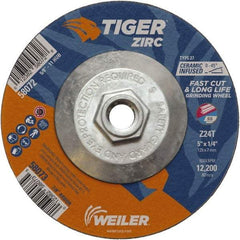 Weiler - 24 Grit, 5" Wheel Diam, 1/4" Wheel Thickness, Type 27 Depressed Center Wheel - Coarse Grade, Zirconia Alumina, Resinoid Bond, T Hardness, 12,200 Max RPM - Americas Industrial Supply