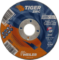 Weiler - 24 Grit, 4-1/2" Wheel Diam, 1/4" Wheel Thickness, 7/8" Arbor Hole, Type 27 Depressed Center Wheel - Coarse Grade, Zirconia Alumina, Resinoid Bond, T Hardness, 13,300 Max RPM - Americas Industrial Supply
