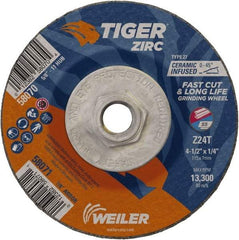 Weiler - 24 Grit, 4-1/2" Wheel Diam, 1/4" Wheel Thickness, Type 27 Depressed Center Wheel - Coarse Grade, Zirconia Alumina, Resinoid Bond, T Hardness, 13,300 Max RPM - Americas Industrial Supply