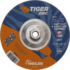 Weiler - 30 Grit, 7" Wheel Diam, 1/8" Wheel Thickness, Type 27 Depressed Center Wheel - Medium Grade, Zirconia Alumina, Resinoid Bond, T Hardness, 8,500 Max RPM - Americas Industrial Supply