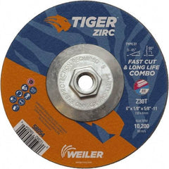 Weiler - 30 Grit, 6" Wheel Diam, 1/8" Wheel Thickness, Type 27 Depressed Center Wheel - Medium Grade, Zirconia Alumina, Resinoid Bond, T Hardness, 10,200 Max RPM - Americas Industrial Supply