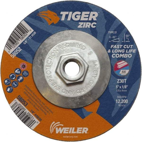 Weiler - 30 Grit, 5" Wheel Diam, 1/8" Wheel Thickness, Type 27 Depressed Center Wheel - Medium Grade, Zirconia Alumina, Resinoid Bond, T Hardness, 12,200 Max RPM - Americas Industrial Supply