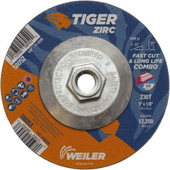Weiler - 30 Grit, 5" Wheel Diam, 1/8" Wheel Thickness, Type 27 Depressed Center Wheel - Medium Grade, Zirconia Alumina, Resinoid Bond, T Hardness, 12,200 Max RPM - Americas Industrial Supply
