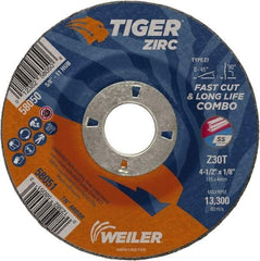Weiler - 30 Grit, 4-1/2" Wheel Diam, 1/8" Wheel Thickness, 7/8" Arbor Hole, Type 27 Depressed Center Wheel - Medium Grade, Zirconia Alumina, Resinoid Bond, T Hardness, 13,300 Max RPM - Americas Industrial Supply