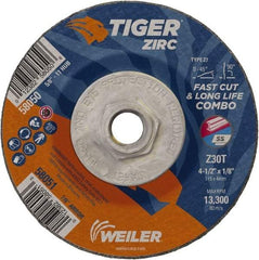 Weiler - 30 Grit, 4-1/2" Wheel Diam, 1/8" Wheel Thickness, Type 27 Depressed Center Wheel - Medium Grade, Zirconia Alumina, Resinoid Bond, T Hardness, 13,300 Max RPM - Americas Industrial Supply