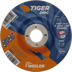 Weiler - 30 Grit, 5" Wheel Diam, 1/8" Wheel Thickness, 7/8" Arbor Hole, Type 27 Depressed Center Wheel - Medium Grade, Zirconia Alumina, Resinoid Bond, T Hardness, 12,200 Max RPM - Americas Industrial Supply