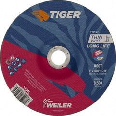 Weiler - 60 Grit, 7" Wheel Diam, 7/8" Arbor Hole, Type 27 Depressed Center Wheel - Medium Grade, Aluminum Oxide, Resinoid Bond, T Hardness, 8,500 Max RPM - Americas Industrial Supply
