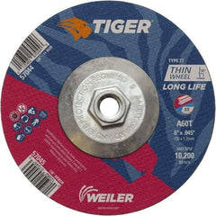 Weiler - 60 Grit, 6" Wheel Diam, Type 27 Depressed Center Wheel - Medium Grade, Aluminum Oxide, Resinoid Bond, T Hardness, 10,200 Max RPM - Americas Industrial Supply