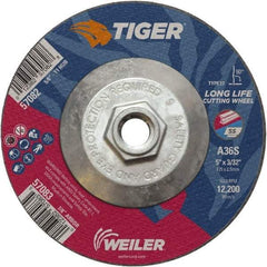 Weiler - 60 Grit, 5" Wheel Diam, 3/32" Wheel Thickness, Type 27 Depressed Center Wheel - Medium Grade, Aluminum Oxide, Resinoid Bond, T Hardness, 12,200 Max RPM - Americas Industrial Supply