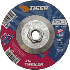 Weiler - 60 Grit, 5" Wheel Diam, Type 27 Depressed Center Wheel - Medium Grade, Aluminum Oxide, Resinoid Bond, T Hardness, 12,200 Max RPM - Americas Industrial Supply