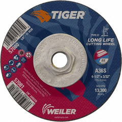 Weiler - 60 Grit, 4-1/2" Wheel Diam, 3/32" Wheel Thickness, Type 27 Depressed Center Wheel - Medium Grade, Aluminum Oxide, Resinoid Bond, T Hardness, 13,300 Max RPM - Americas Industrial Supply