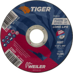 Weiler - 60 Grit, 4-1/2" Wheel Diam, Type 27 Depressed Center Wheel - Medium Grade, Aluminum Oxide, Resinoid Bond, T Hardness, 13,300 Max RPM - Americas Industrial Supply