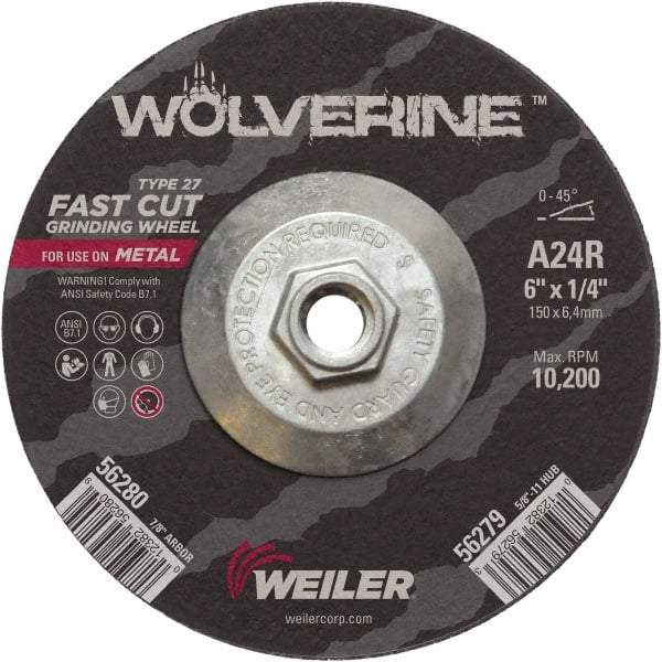 Weiler - 24 Grit, 6" Wheel Diam, 1/4" Wheel Thickness, Type 27 Depressed Center Wheel - Coarse Grade, Aluminum Oxide, Resinoid Bond, R Hardness, 10,200 Max RPM - Americas Industrial Supply
