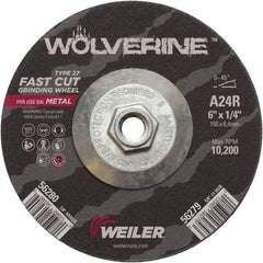 Weiler - 24 Grit, 6" Wheel Diam, 1/4" Wheel Thickness, Type 27 Depressed Center Wheel - Coarse Grade, Aluminum Oxide, Resinoid Bond, R Hardness, 10,200 Max RPM - Americas Industrial Supply
