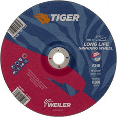 Weiler - 24 Grit, 9" Wheel Diam, 1/4" Wheel Thickness, 7/8" Arbor Hole, Type 27 Depressed Center Wheel - Coarse Grade, Aluminum Oxide, Resinoid Bond, R Hardness, 6,600 Max RPM - Americas Industrial Supply