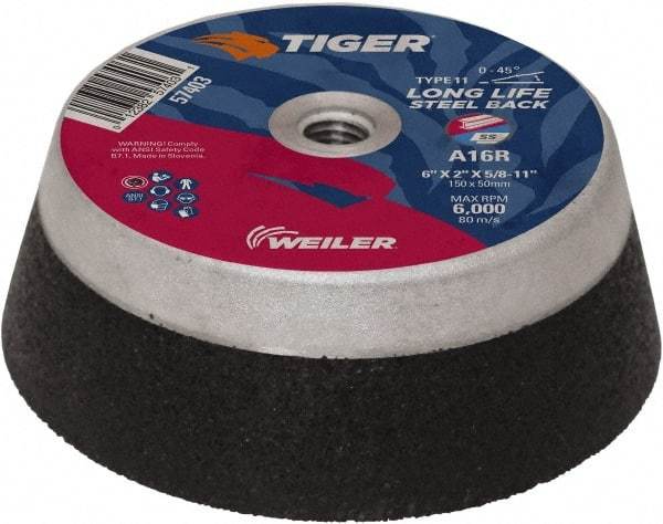 Weiler - 6" Diam, 5/8" Hole Size, 2" Overall Thickness, 16 Grit, Type 11 Tool & Cutter Grinding Wheel - Very Coarse Grade, Aluminum Oxide, R Hardness, Resinoid Bond, 6,000 RPM - Americas Industrial Supply