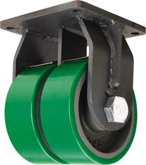 Hamilton - 8" Diam x 3" Wide x 11" OAH Top Plate Mount Dual Rigid Caster - Polyurethane Mold onto Cast Iron Center, 5,000 Lb Capacity, Tapered Roller Bearing, 8-1/2 x 8-1/2" Plate - Americas Industrial Supply