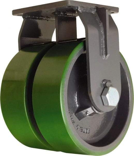 Hamilton - 10" Diam x 3" Wide x 13" OAH Top Plate Mount Dual Rigid Caster - Polyurethane Mold onto Cast Iron Center, 6,000 Lb Capacity, Straight Roller Bearing, 8-1/2 x 8-1/2" Plate - Americas Industrial Supply