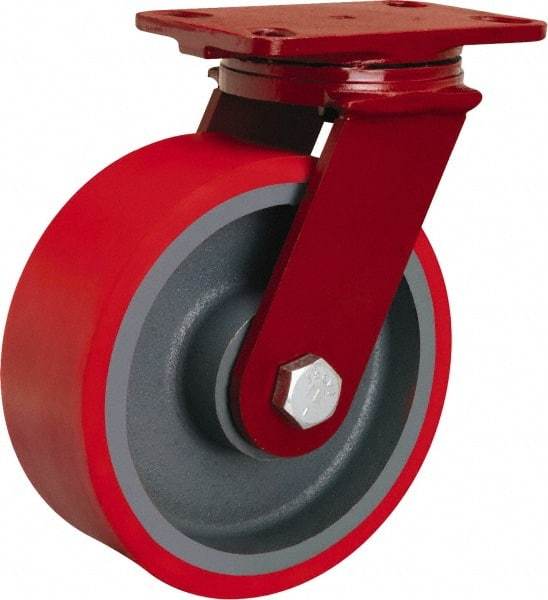Hamilton - 8" Diam x 3" Wide x 10-1/8" OAH Top Plate Mount Swivel Caster - Polyurethane Mold onto Cast Iron Center, 2,200 Lb Capacity, Tapered Roller Bearing, 4-1/2 x 6-1/2" Plate - Americas Industrial Supply