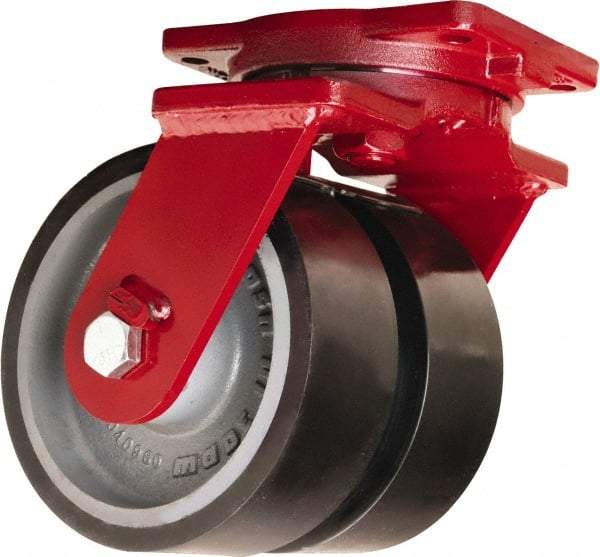 Hamilton - 8" Diam x 3" Wide x 10-1/2" OAH Top Plate Mount Dual Swivel Caster - Polyurethane Mold onto Cast Iron Center, 6,500 Lb Capacity, Tapered Roller Bearing, 6-1/8 x 7-1/2" Plate - Americas Industrial Supply