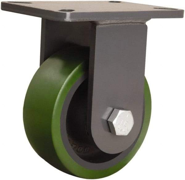 Hamilton - 6" Diam x 2-1/2" Wide x 8" OAH Top Plate Mount Rigid Caster - Polyurethane Mold onto Cast Iron Center, 1,600 Lb Capacity, Tapered Roller Bearing, 5-1/4 x 7-1/4" Plate - Americas Industrial Supply