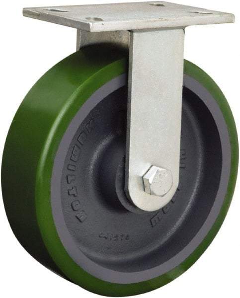 Hamilton - 8" Diam x 3" Wide x 10-1/2" OAH Top Plate Mount Rigid Caster - Polyurethane Mold onto Cast Iron Center, 4,000 Lb Capacity, Tapered Roller Bearing, 5-1/4 x 7-1/4" Plate - Americas Industrial Supply