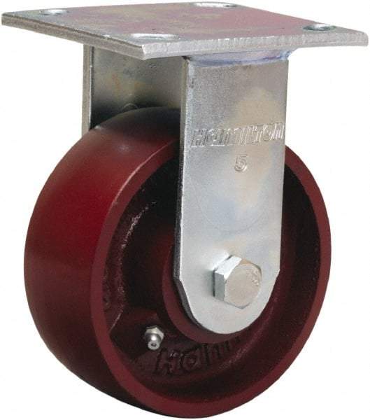 Hamilton - 5" Diam x 2" Wide x 7" OAH Top Plate Mount Rigid Caster - Cast Iron, 1,250 Lb Capacity, Precision Ball Bearing, 4 x 4-1/2" Plate - Americas Industrial Supply