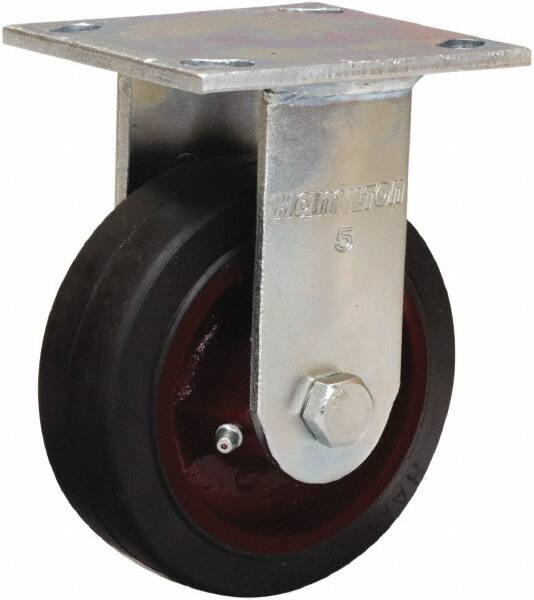 Hamilton - 4" Diam x 2" Wide x 5-5/8" OAH Top Plate Mount Rigid Caster - Rubber Mold on Cast Iron, Straight Roller Bearing, 4 x 4-1/2" Plate - Americas Industrial Supply