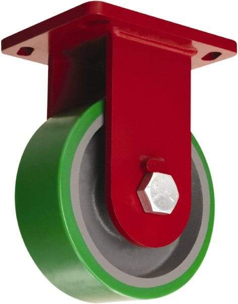 Hamilton - 8" Diam x 4" Wide x 10-1/2" OAH Top Plate Mount Rigid Caster - Polyurethane Mold onto Cast Iron Center, 3,200 Lb Capacity, Tapered Roller Bearing, 6-1/2 x 7-1/2" Plate - Americas Industrial Supply