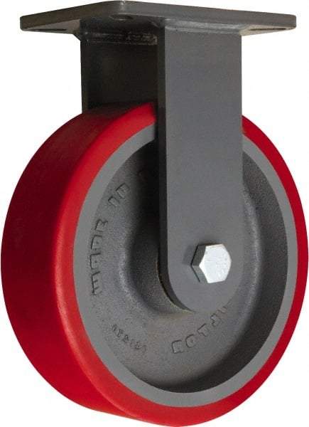 Hamilton - 10" Diam x 3" Wide x 12-1/2" OAH Top Plate Mount Rigid Caster - Polyurethane Mold onto Cast Iron Center, 3,600 Lb Capacity, Tapered Roller Bearing, 5-1/4 x 7-1/4" Plate - Americas Industrial Supply