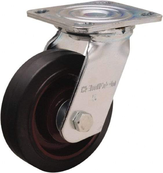 Hamilton - 5" Diam x 1-1/2" Wide x 6-1/8" OAH Top Plate Mount Swivel Caster - Rubber Mold on Cast Iron, 240 Lb Capacity, Straight Roller Bearing, 4 x 4-1/2" Plate - Americas Industrial Supply
