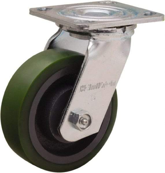 Hamilton - 5" Diam x 1-1/2" Wide x 6-1/8" OAH Top Plate Mount Swivel Caster - Polyurethane Mold onto Cast Iron Center, 550 Lb Capacity, Straight Roller Bearing, 4 x 4-1/2" Plate - Americas Industrial Supply