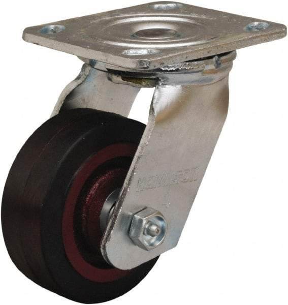 Hamilton - 4" Diam x 1-1/2" Wide x 5-5/8" OAH Top Plate Mount Swivel Caster - Rubber Mold on Cast Iron, 200 Lb Capacity, Straight Roller Bearing, 4 x 4-1/2" Plate - Americas Industrial Supply