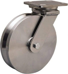 Hamilton - 8" Diam x 2" Wide, Stainless Steel Swivel Caster - 1,600 Lb Capacity, Top Plate Mount, 4" x 5" Plate, Delrin Bearing - Americas Industrial Supply
