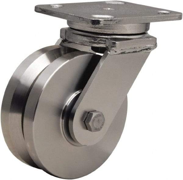 Hamilton - 5" Diam x 2" Wide, Stainless Steel Swivel Caster - 950 Lb Capacity, Top Plate Mount, 4" x 5" Plate, Stainless Steel Precision Ball Bearing - Americas Industrial Supply