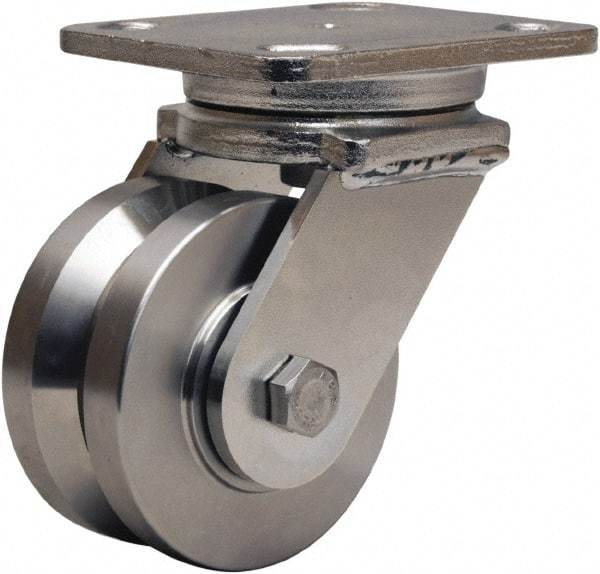 Hamilton - 4" Diam x 2" Wide, Stainless Steel Swivel Caster - 850 Lb Capacity, Top Plate Mount, 4" x 5" Plate, Delrin Bearing - Americas Industrial Supply