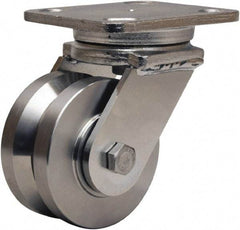 Hamilton - 4" Diam x 2" Wide, Stainless Steel Swivel Caster - 850 Lb Capacity, Top Plate Mount, 4" x 5" Plate, Delrin Bearing - Americas Industrial Supply