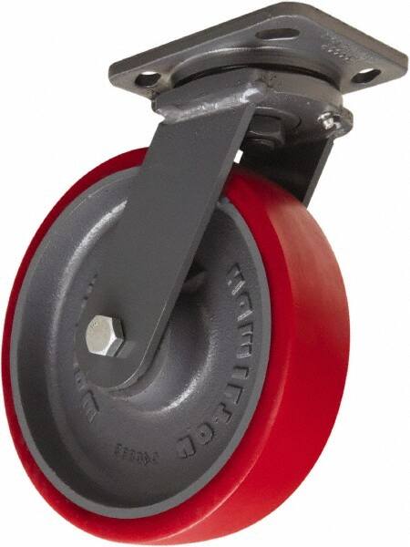 Hamilton - 8" Diam x 2" Wide x 9-1/2" OAH Top Plate Mount Swivel Caster - Polyurethane Mold onto Cast Iron Center, 1,800 Lb Capacity, Sealed Precision Ball Bearing, 4 x 5" Plate - Americas Industrial Supply