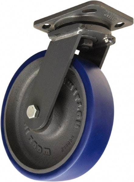 Hamilton - 8" Diam x 2" Wide x 9-1/2" OAH Top Plate Mount Swivel Caster - Polyurethane Mold onto Cast Iron Center, 1,200 Lb Capacity, Tapered Roller Bearing, 4 x 5" Plate - Americas Industrial Supply