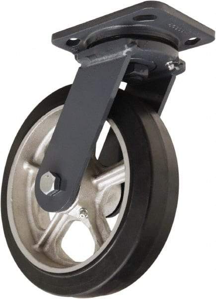 Hamilton - 8" Diam x 2" Wide x 9-1/2" OAH Top Plate Mount Swivel Caster - Rubber Mold on Cast Iron, 500 Lb Capacity, Tapered Roller Bearing, 4 x 5" Plate - Americas Industrial Supply
