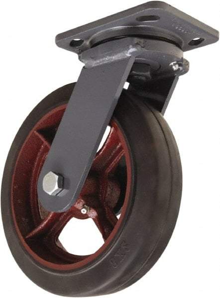 Hamilton - 8" Diam x 2" Wide x 9-1/2" OAH Top Plate Mount Swivel Caster - Rubber Mold on Cast Iron, 500 Lb Capacity, Straight Roller Bearing, 4 x 5" Plate - Americas Industrial Supply