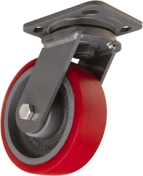 Hamilton - 6" Diam x 2" Wide x 7-1/2" OAH Top Plate Mount Swivel Caster - Polyurethane Mold onto Cast Iron Center, 1,400 Lb Capacity, Sealed Precision Ball Bearing, 4 x 5" Plate - Americas Industrial Supply