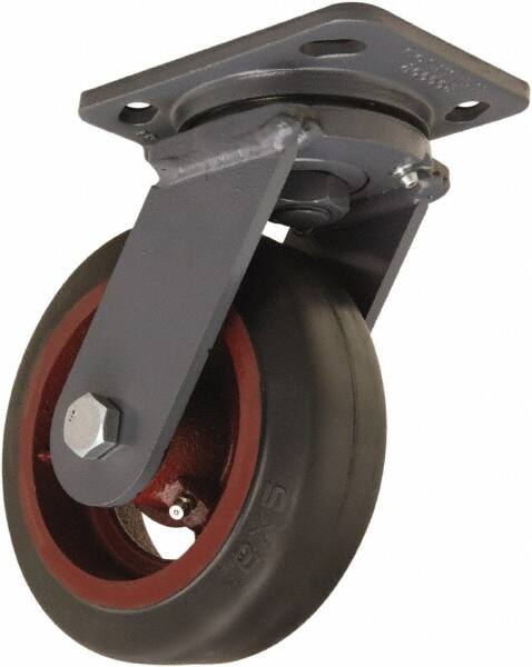 Hamilton - 6" Diam x 2" Wide x 7-1/2" OAH Top Plate Mount Swivel Caster - Rubber Mold on Cast Iron, 410 Lb Capacity, Straight Roller Bearing, 4 x 5" Plate - Americas Industrial Supply